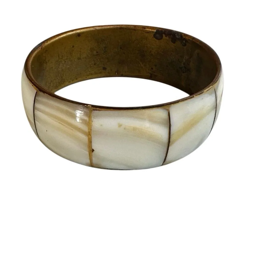 Vintage Brass & Inlaid Shell Bangle Bracelet - Image 8