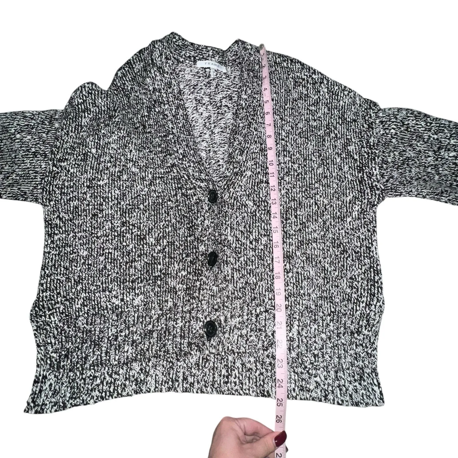 Frame Oversized Marled Chunky Knit Cardigan Size Large Gray Black Sweater Button - Image 8