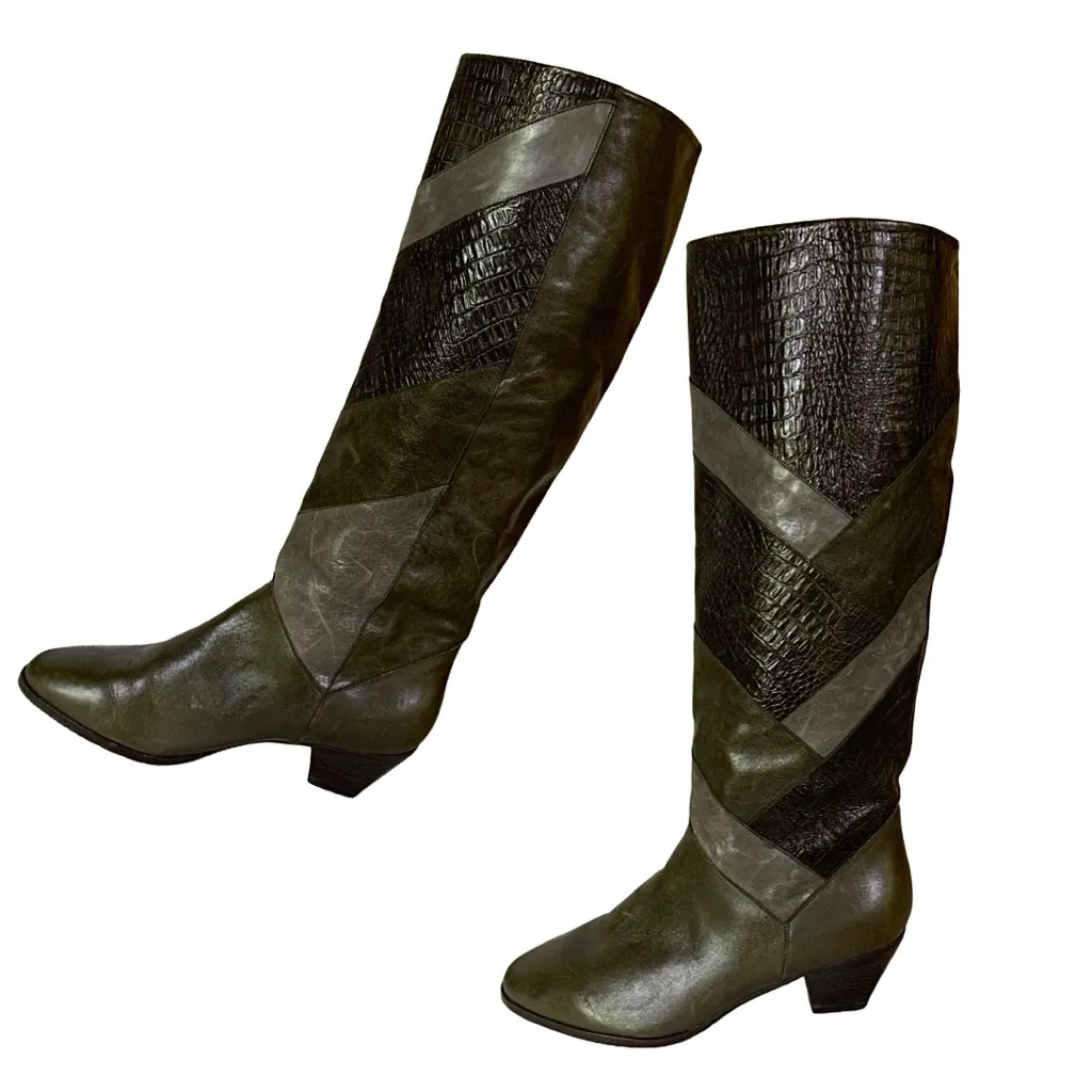 VINTAGE 1980'S HARSCH PATCHWORK LEATHER HEELED CALF HIGH BOOTS (5) Green - Image 2