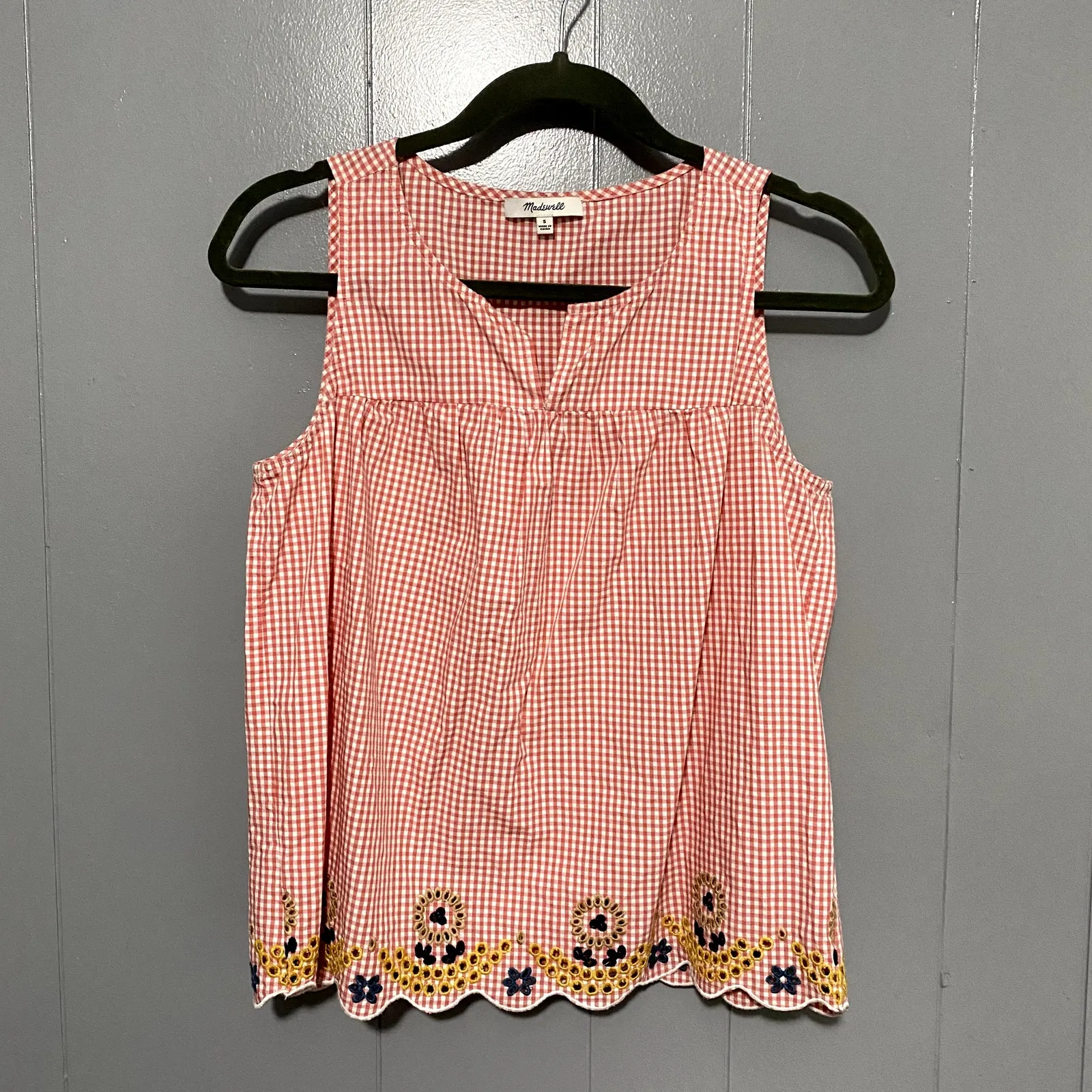 Madewell Red Embroidered Gingham Scalloped Hem Preppy Cottagecore Tank Top S - Image 2
