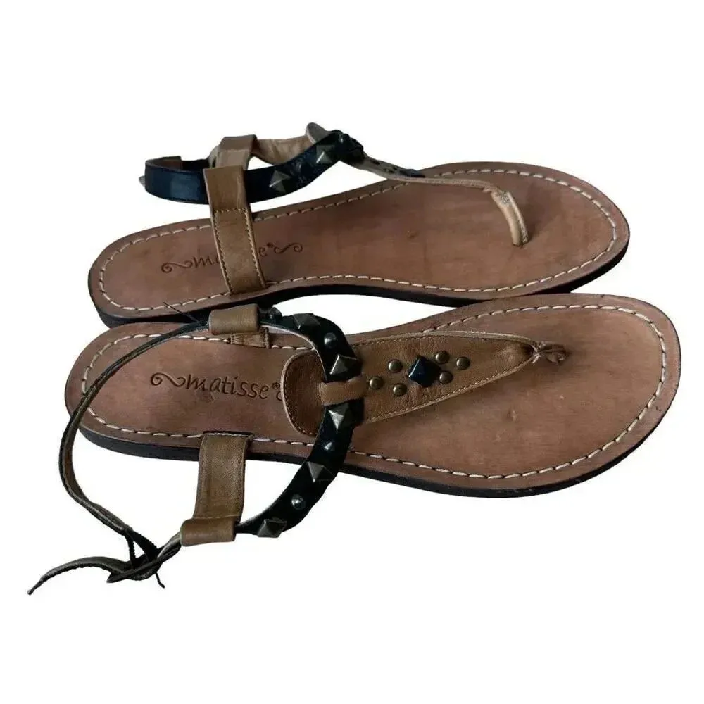 Matisse Brown Tan Thong Leather Flat Women’s Sandals SZ 9 Black - Image 4
