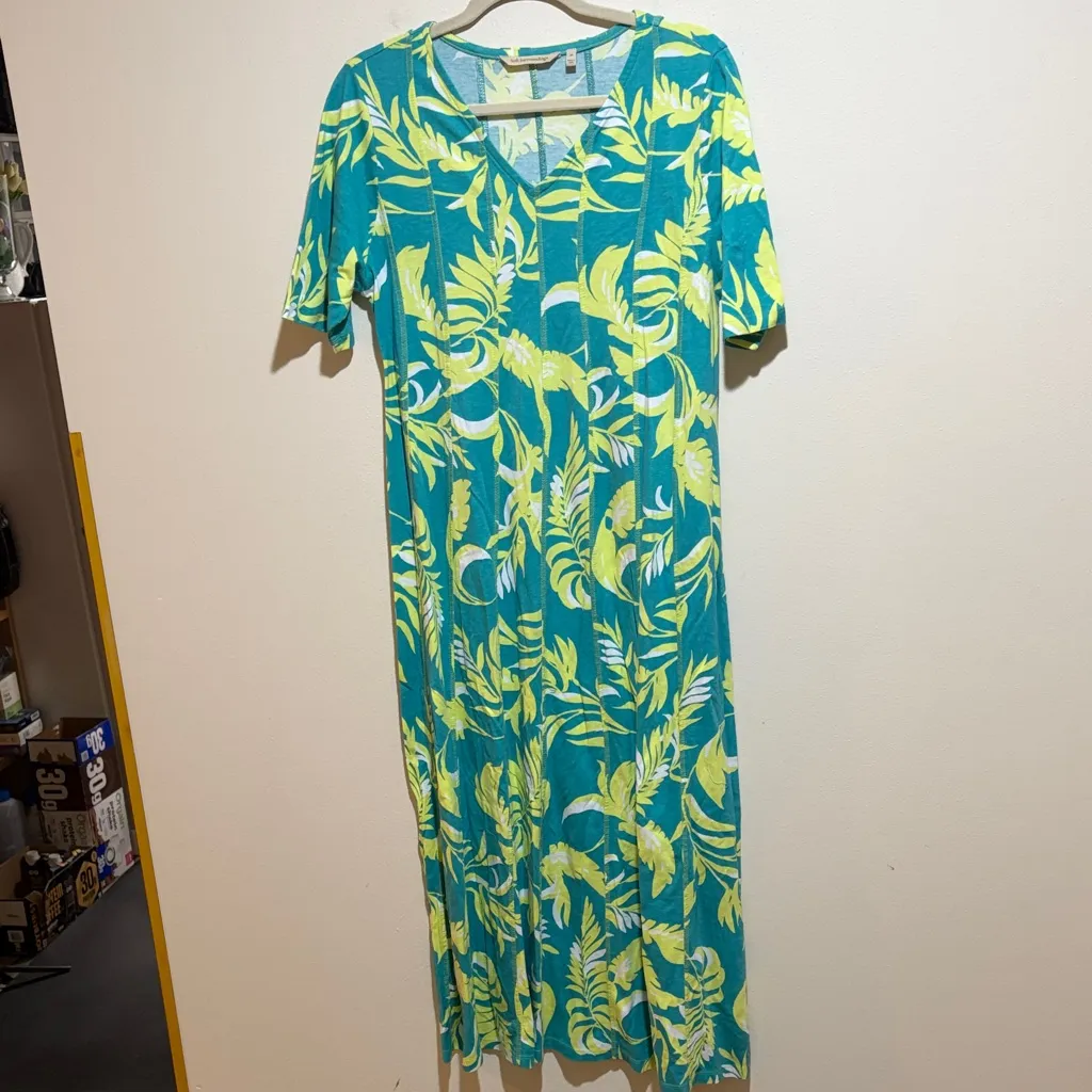 Soft Surroundings Palm Print Knit Maxi Dress Teal Green Tropical Size Medium - Image 7