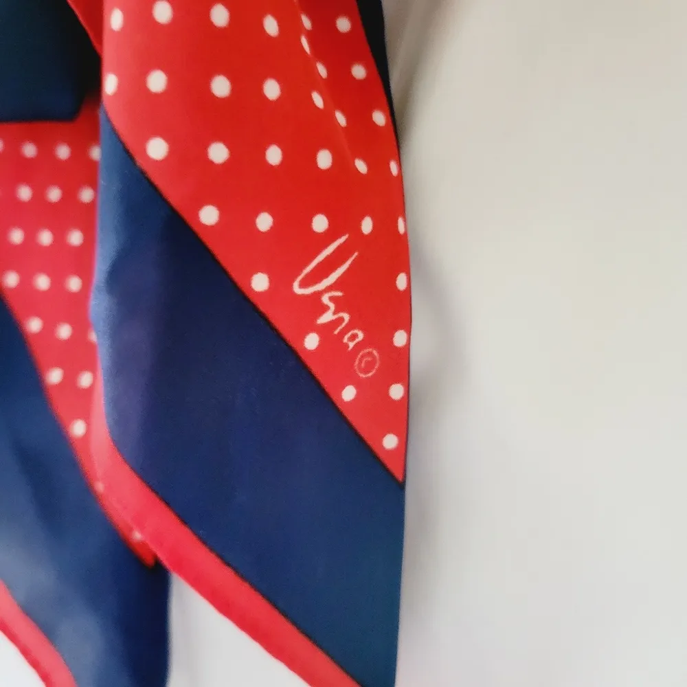 Vintage Vera Neumann red white and blue satin polka dot trapeze scarf - Image 2
