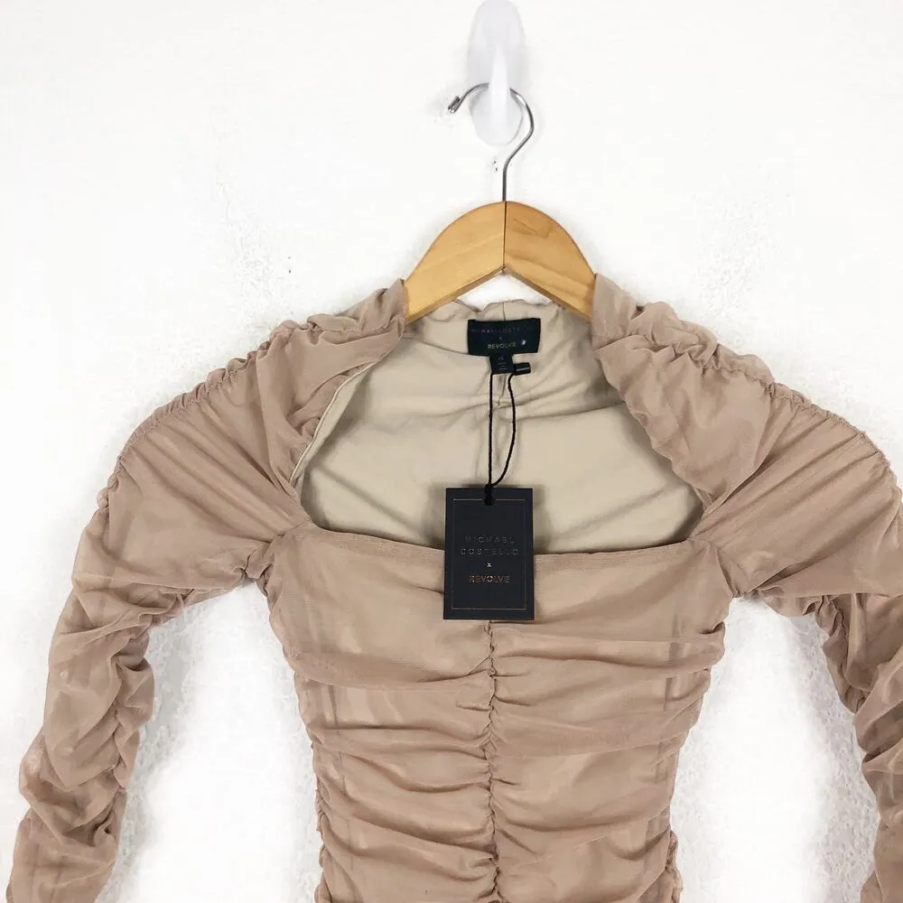 NWT Michael Costello REVOLVE Franky Mini Dress Taupe Size XS Ruched Long Sleeve Tan - Image 4