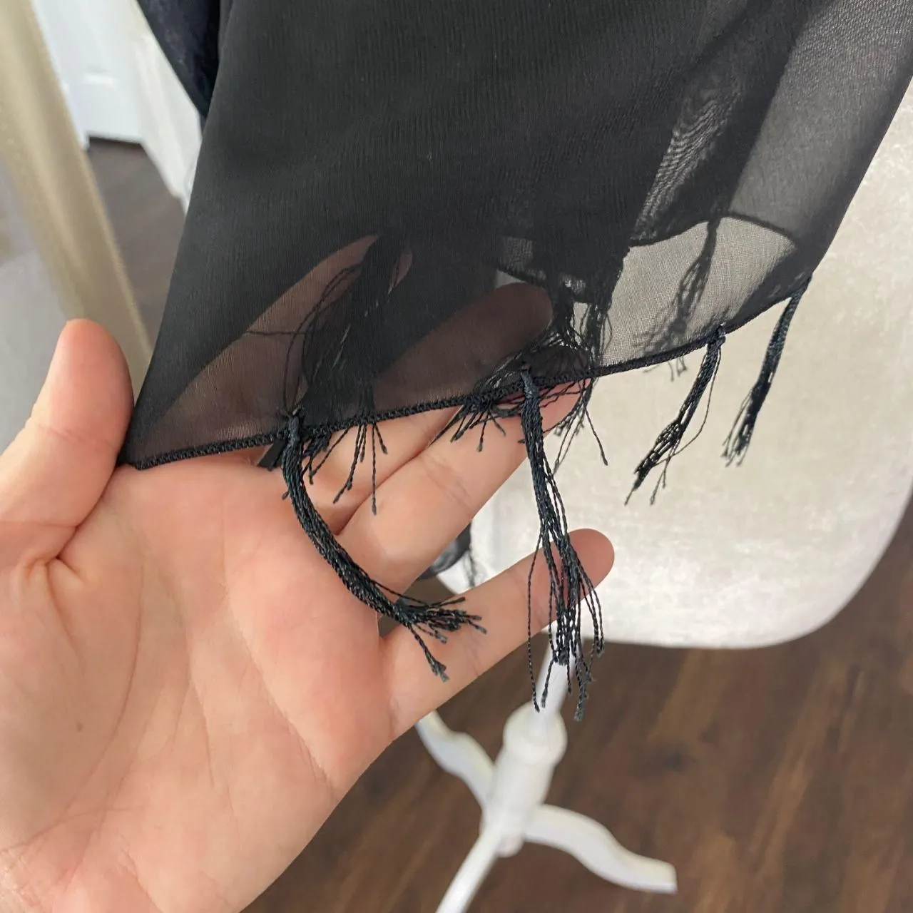 Witchy Whimsygoth Black Mesh Satin Fringe Paisley Scarf / Shawl 42 x 68" Large - Image 5