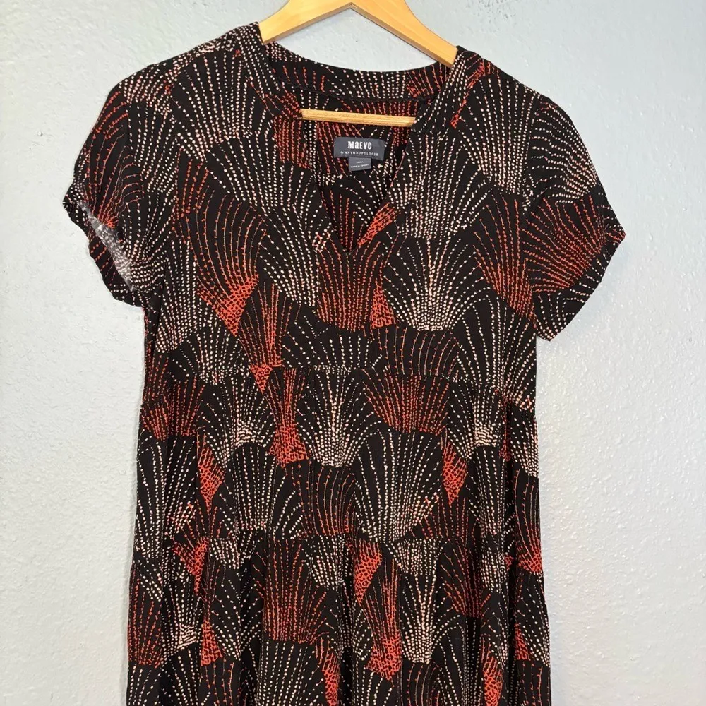 Anthropologie Maeve Tania Tiered Tunic Dress Red White Printed Small V Neck Boho - Image 6