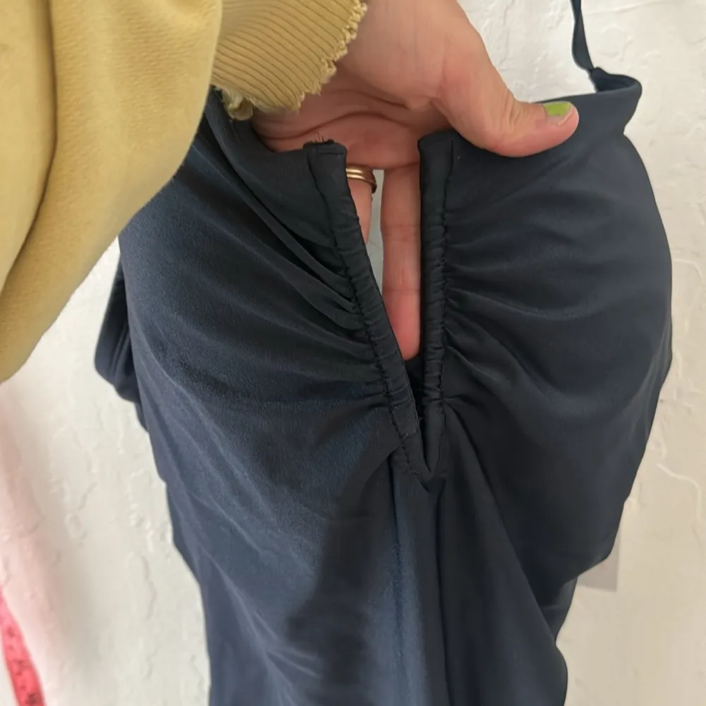 Shade & Shore Shirred Shiny Navy Blue Plunge V Neck One Piece Swimsuit Blue 16 - Image 4