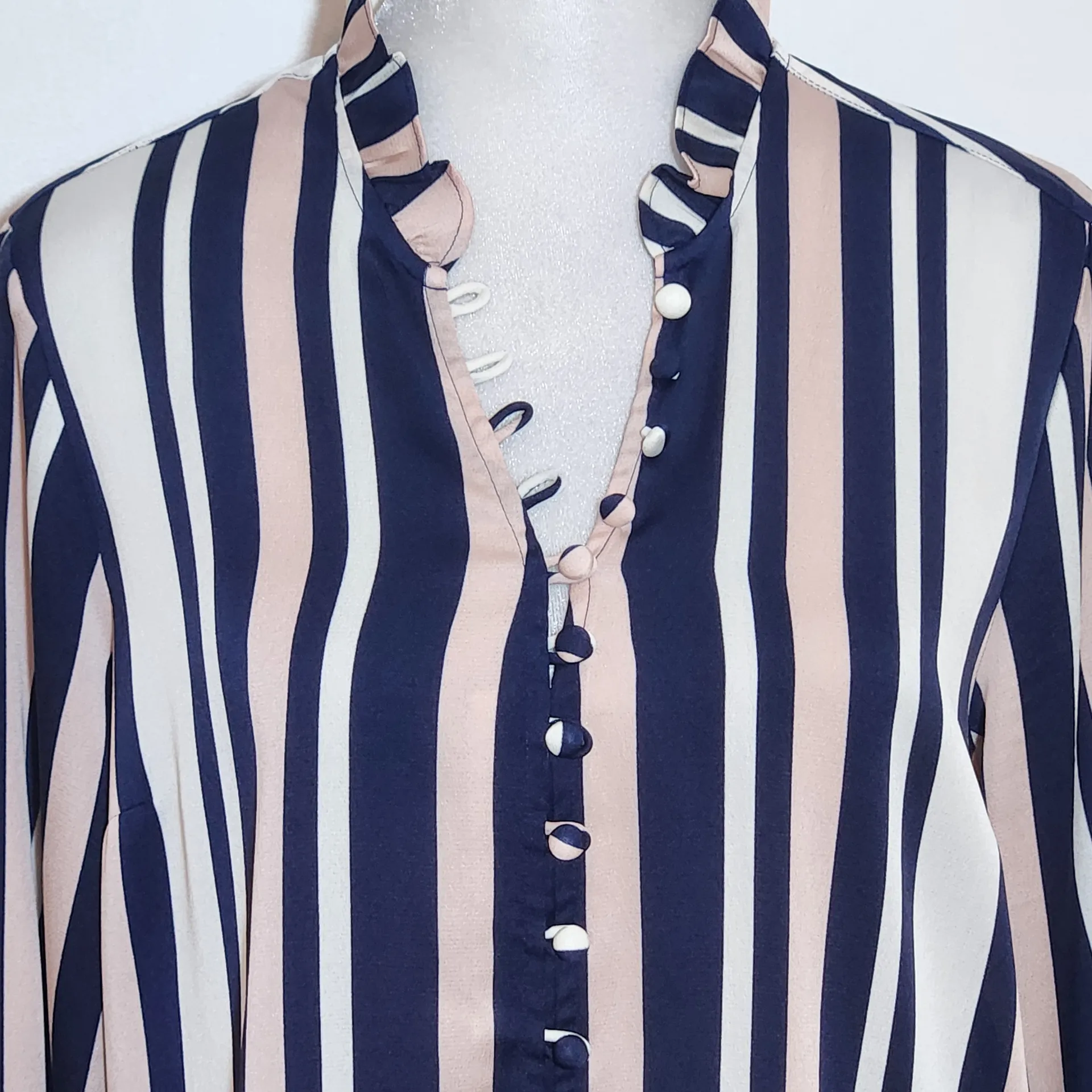 Express Navy and Pink Striped Button-up Blouse with Ruffle Neckline Size Medium - Image 3