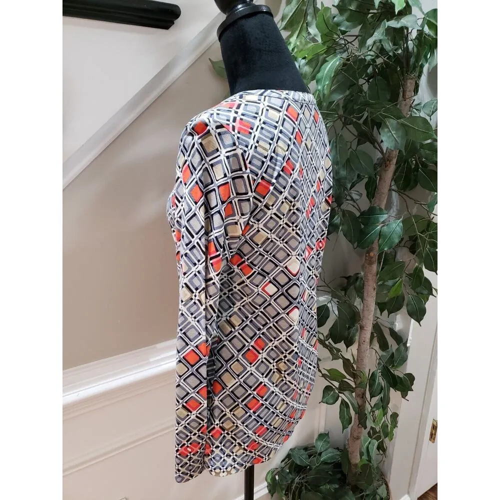 Liz Claiborne Womens Multi Geometric Print Long Sleeve V Neck Top Blouse Small - Image 6
