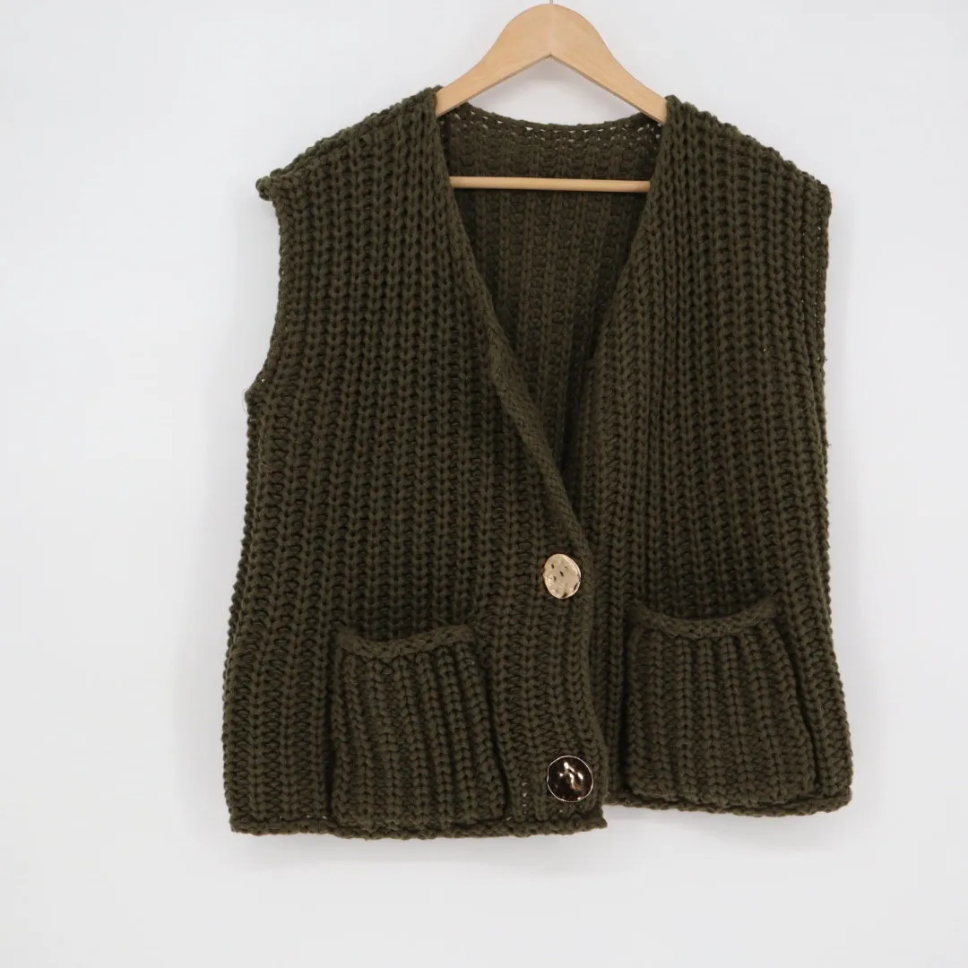 Olive Green Chunky Knit Sleeveless Vest Cardigan Pockets Buttons XL - Image 2