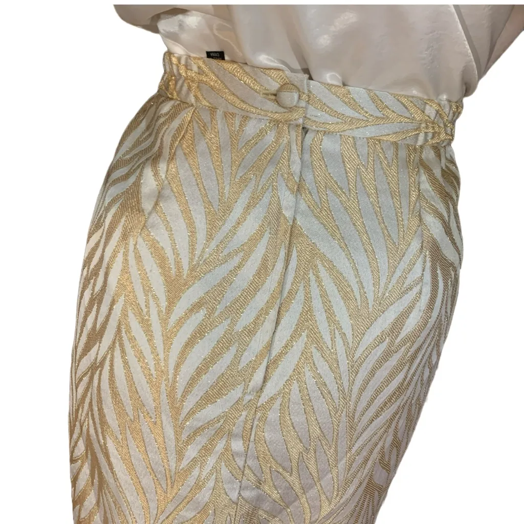 TERRAMINA CREAM & GOLD FOLIATE PRINT METALLIC THREADING MIDI PENCIL SKIRT (14) - Image 8