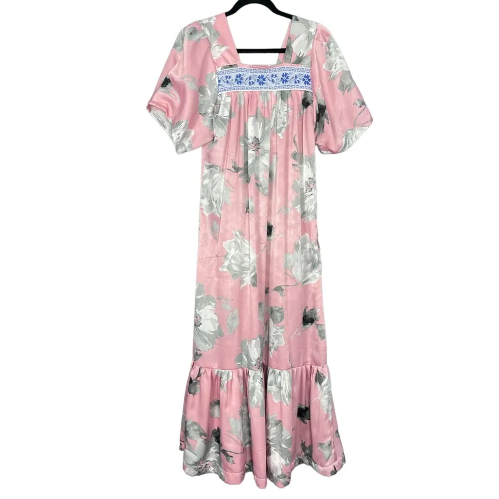 Handmade Muumuu Dress Floral Light Pink Maxi Ruffle Greek Ribbon Short Sleeves‎ Size M - Image 2