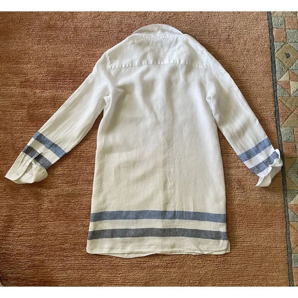 Boden Linen Tunic Shirt Dress White Blue Stripe Long Sleeve Button Front Women 4 Size undefined - Image 6