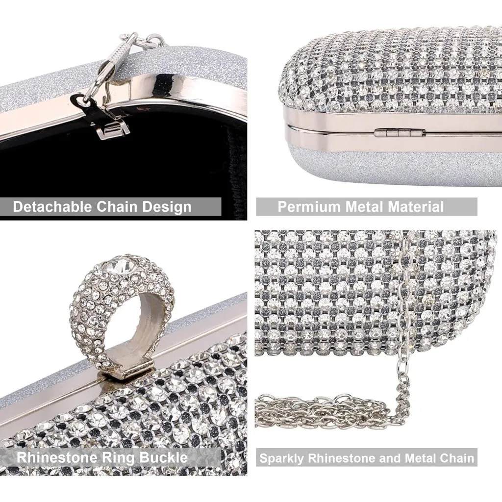 ⚡ Women's Rhinestone Evening Glitter Crystal Ring Clasp Silver Clutch Bag - Image 3
