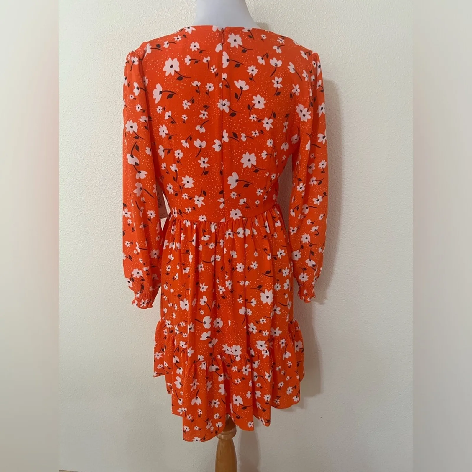 Eliza J orange red floral long sleeve surplice neckline mini dress NEW 8 - Image 6
