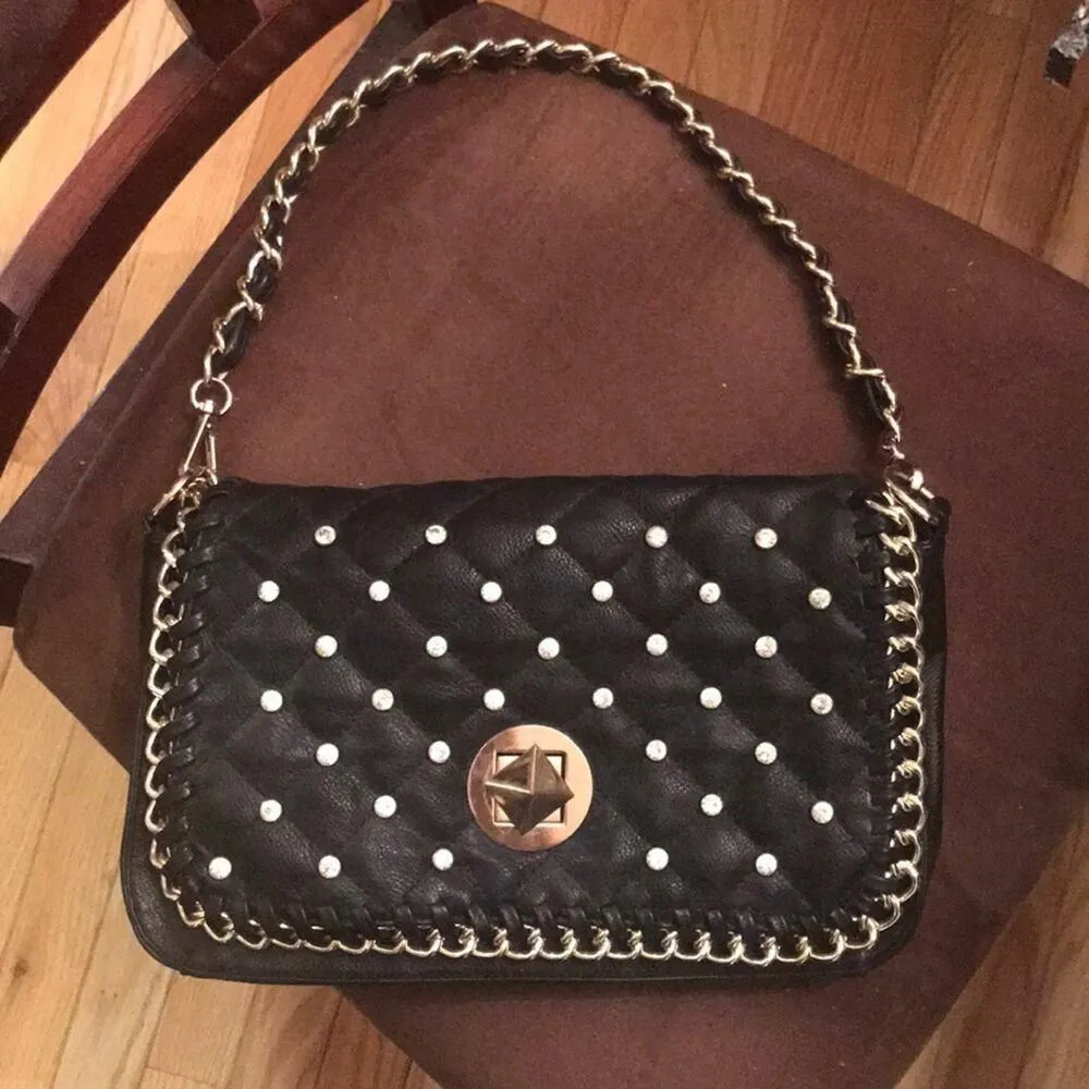 Black quilted studded handbag/clutch with strap - Image 2