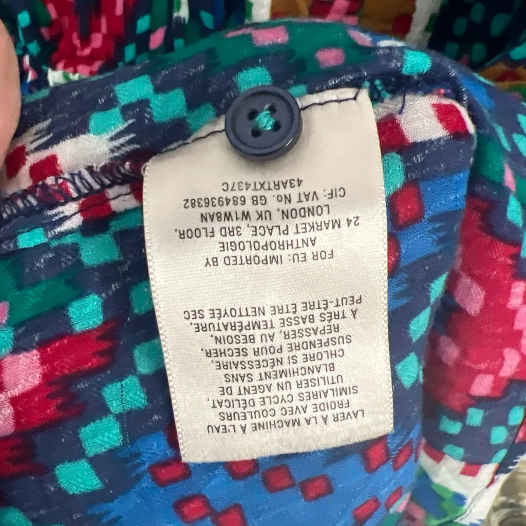 Maeve Anthropologie Topoxte Geometric Ikat Button Front Shirt Tie Waist Sz 8 Euc Green - Image 10