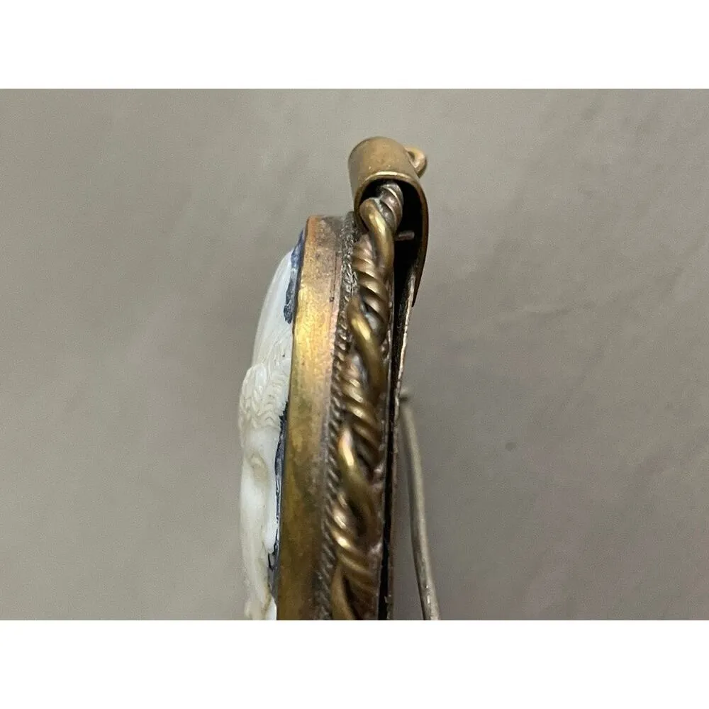 Antique Shell Carved Cameo Brooch of Godess Psyche Blue Background Large - Image 5