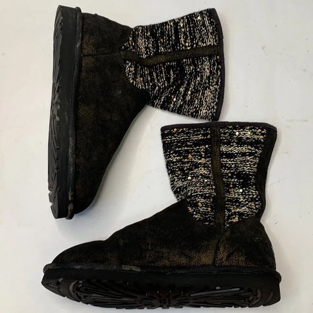 UGG Lyla Classic Leather Knit Sequin Black / Gold Women's Boots S-046 Size 7 - Image 2