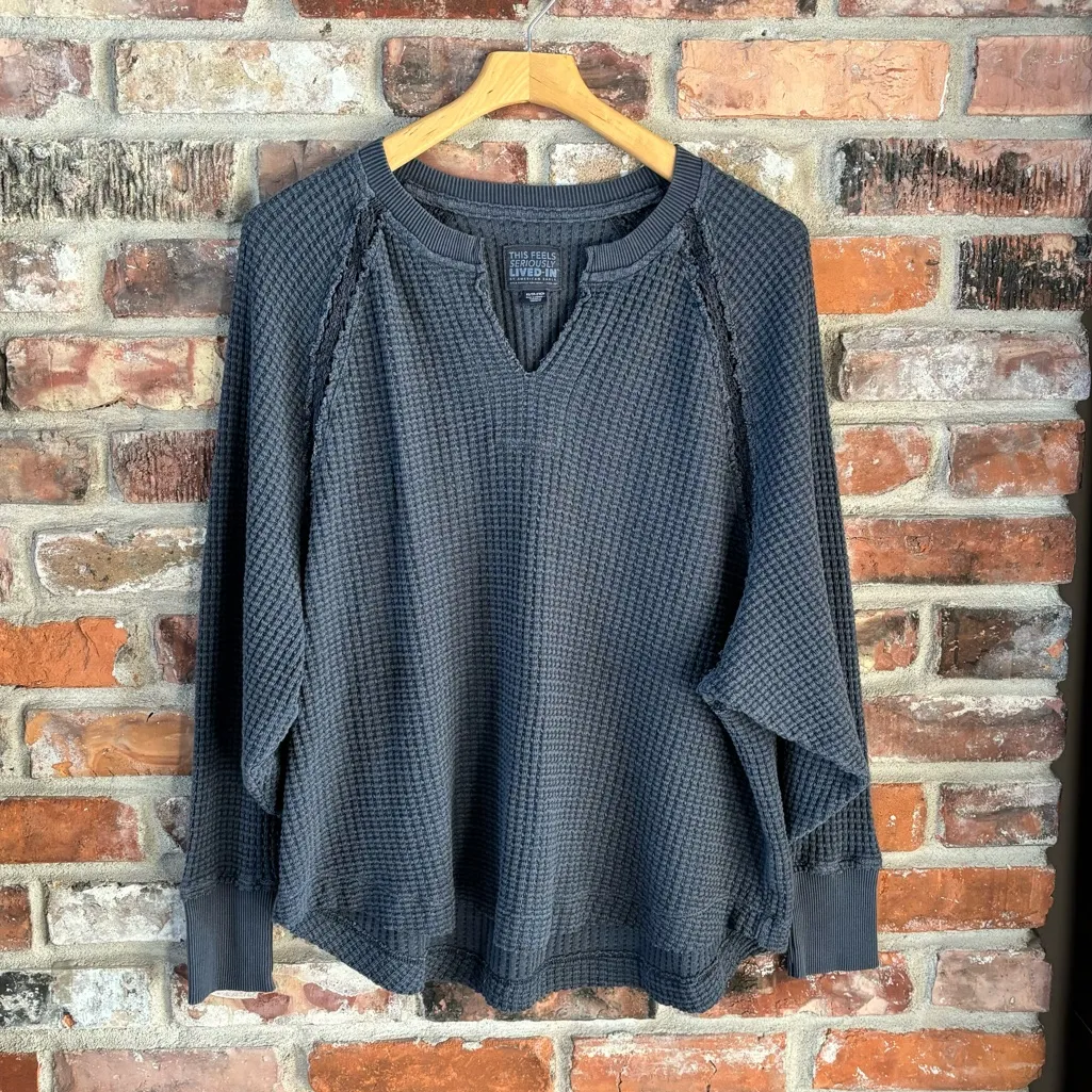 American Eagle Big Hug Notch Neck Waffle Knit Long Sleeve Shirt Top, XS - Image 2