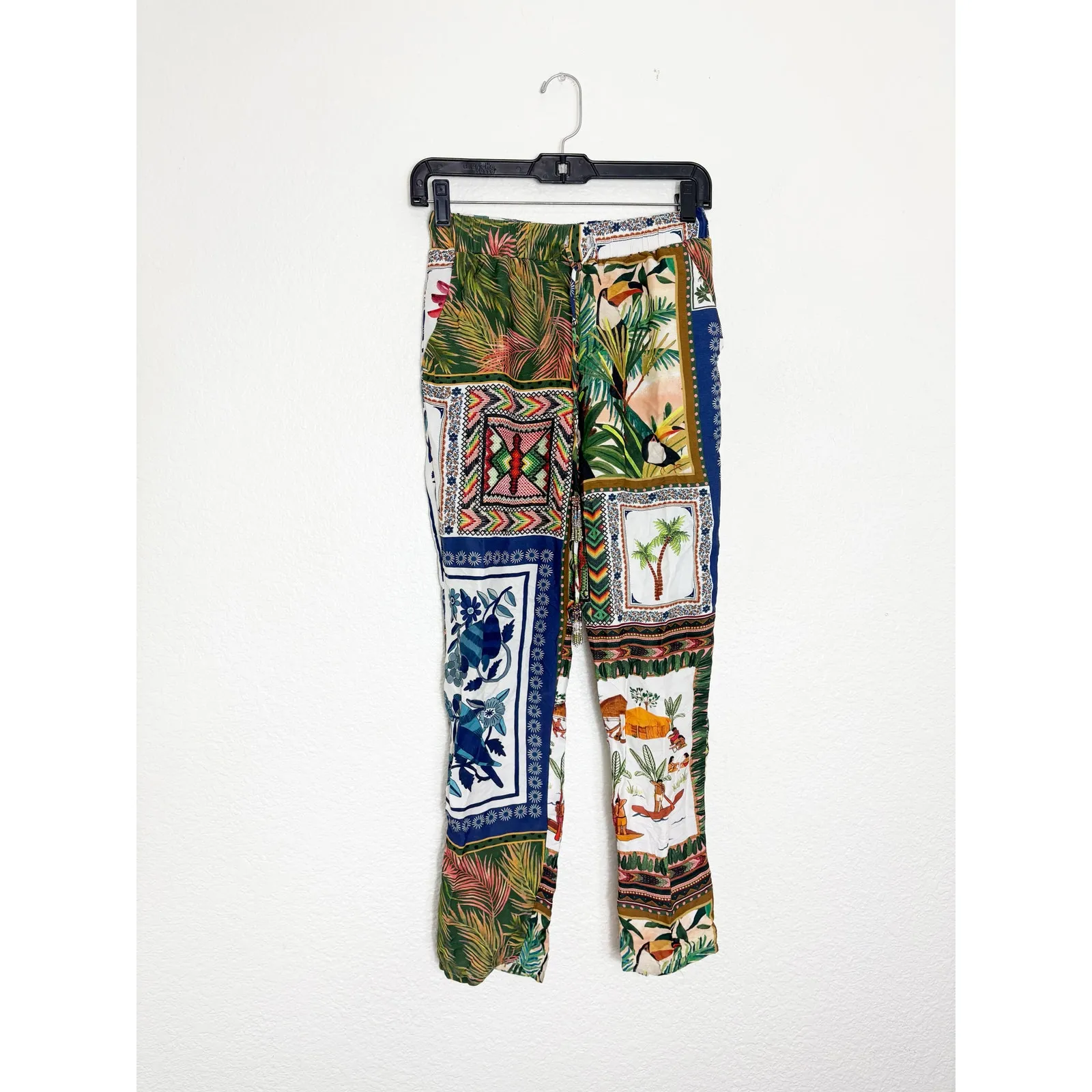 Farm Rio Mixed Scarves Satin Pants Size XS Mix Print Tassel Boho Multicolor - Image 4