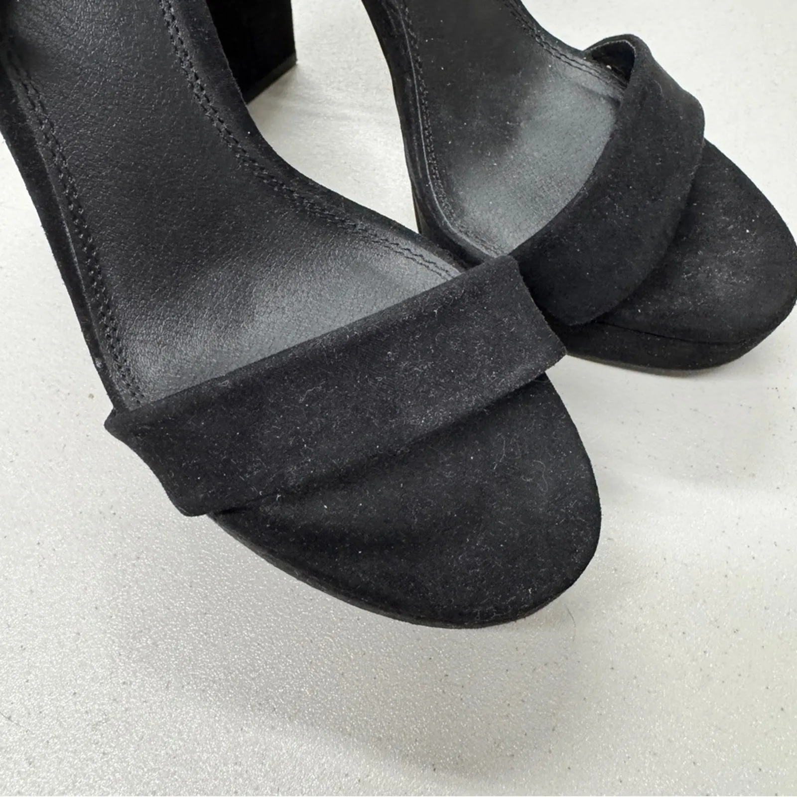 ASOS Black Suede Leather Strappy Chunky Heels Womens 8 Peep Toe Classic Preppy - Image 4