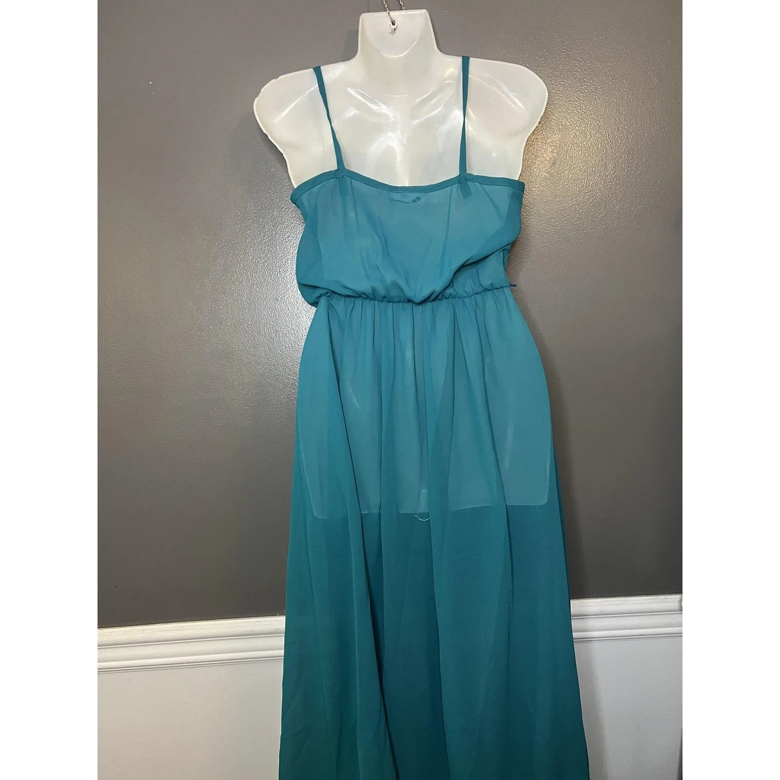 Vintage PQ Fashions LTD Dress Womens 7/8 Teal Ruffle Maxi Chiffon Formal 80s Blue - Image 6