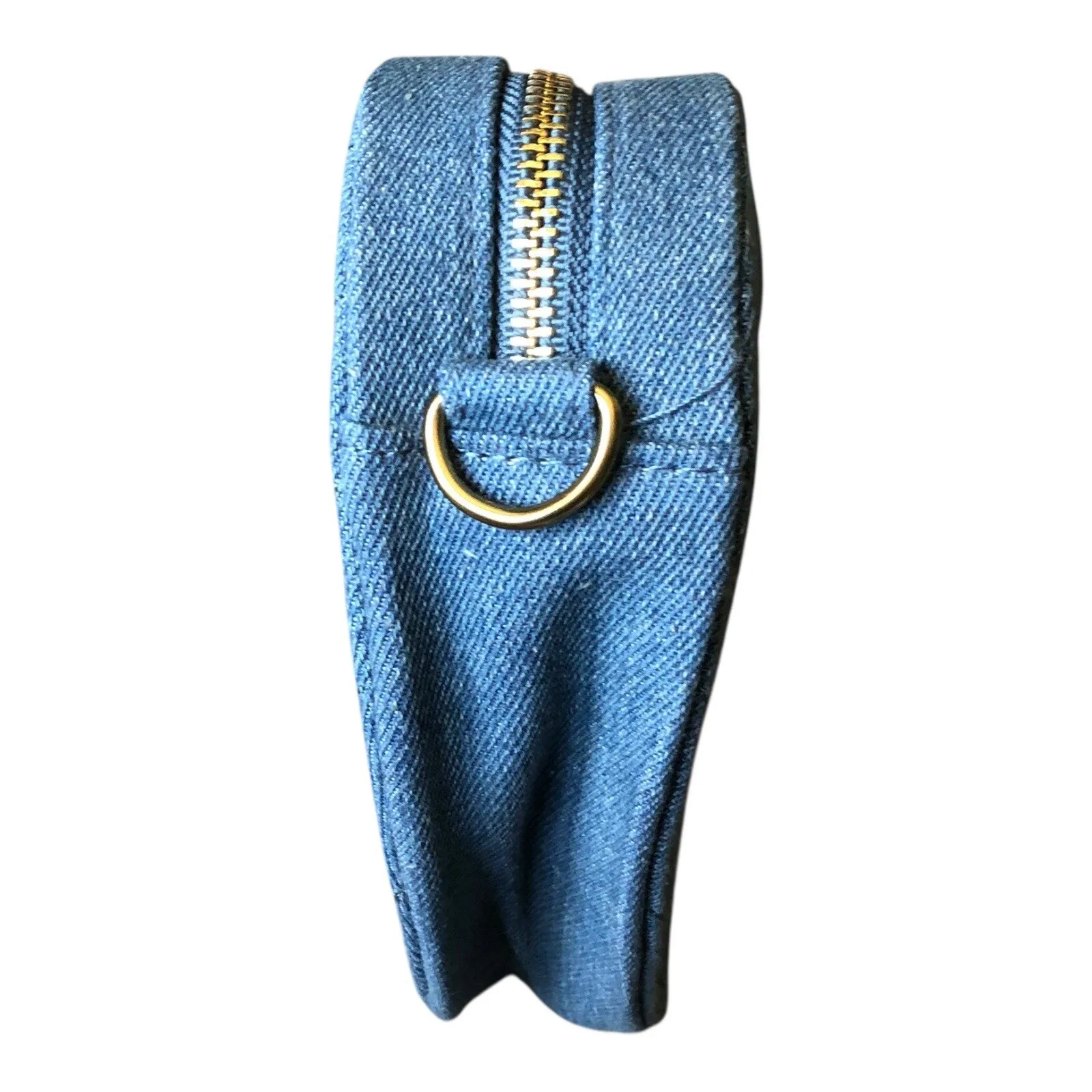 Fashion Statement Womens Crossbody Bag Denim Heart Shape Pewter Gold Chain Strap Blue - Image 5