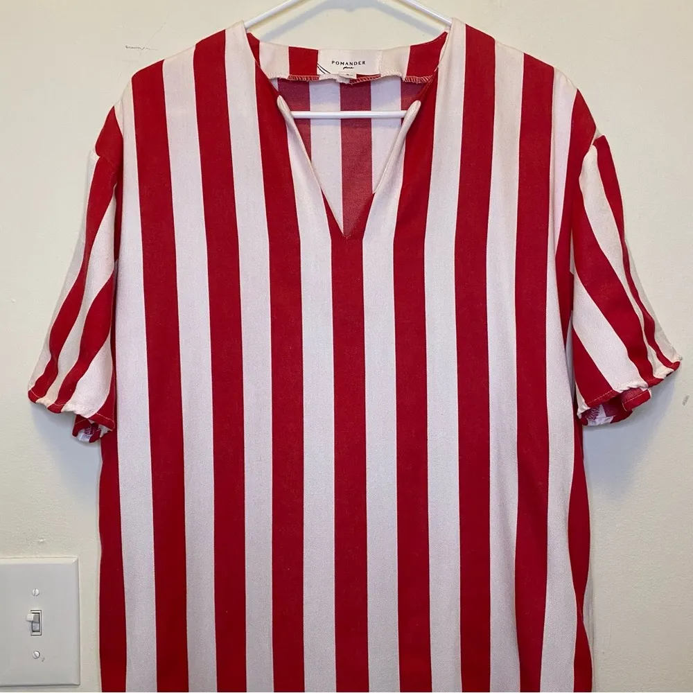 POMANDER PLACE Striped Canaan Short Sleeve Relaxed Caftan Dress Red/White Small Red - Image 4