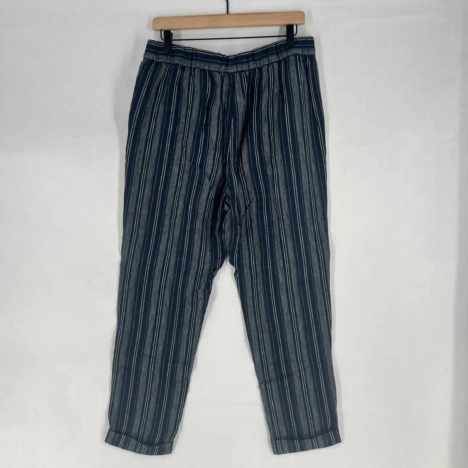 Ellen Tracy Jogger Pants Women M Navy White Striped Linen Drawstring Cuffed Hem - Image 7