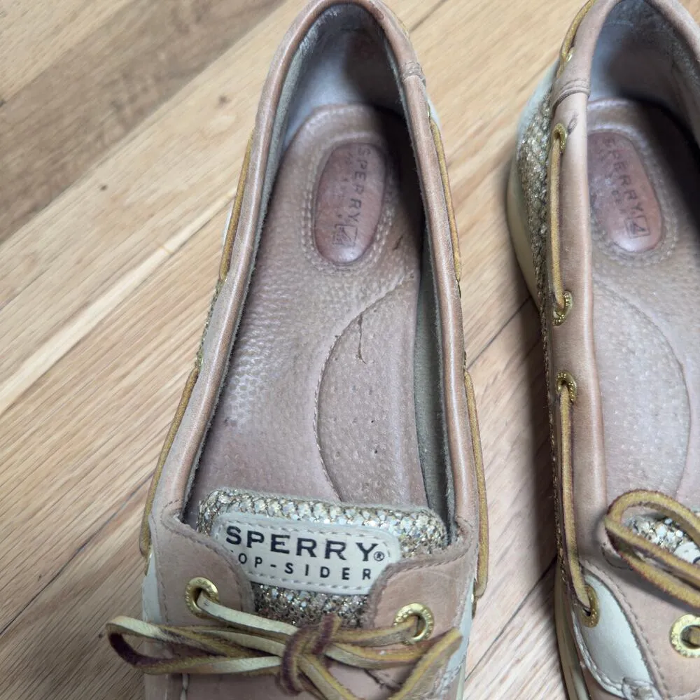 Sperry Top-sider Leather Gold and Glitter Boat Shoe 8.5 Y2K Coastal Prep - Image 10