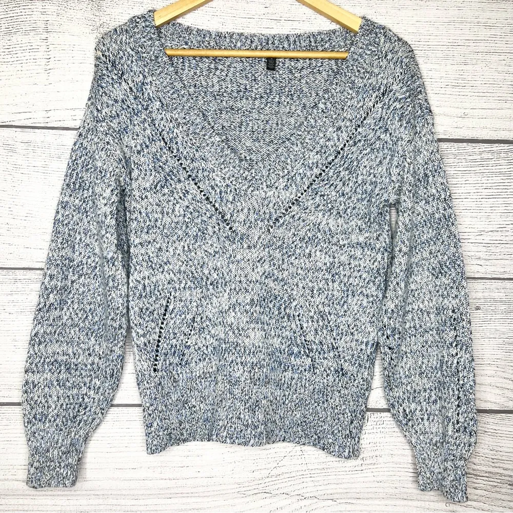 WHBM Blue Multicolor Cozy Thick Knit V-Neck Pullover Sweater Top Size Small - Image 12