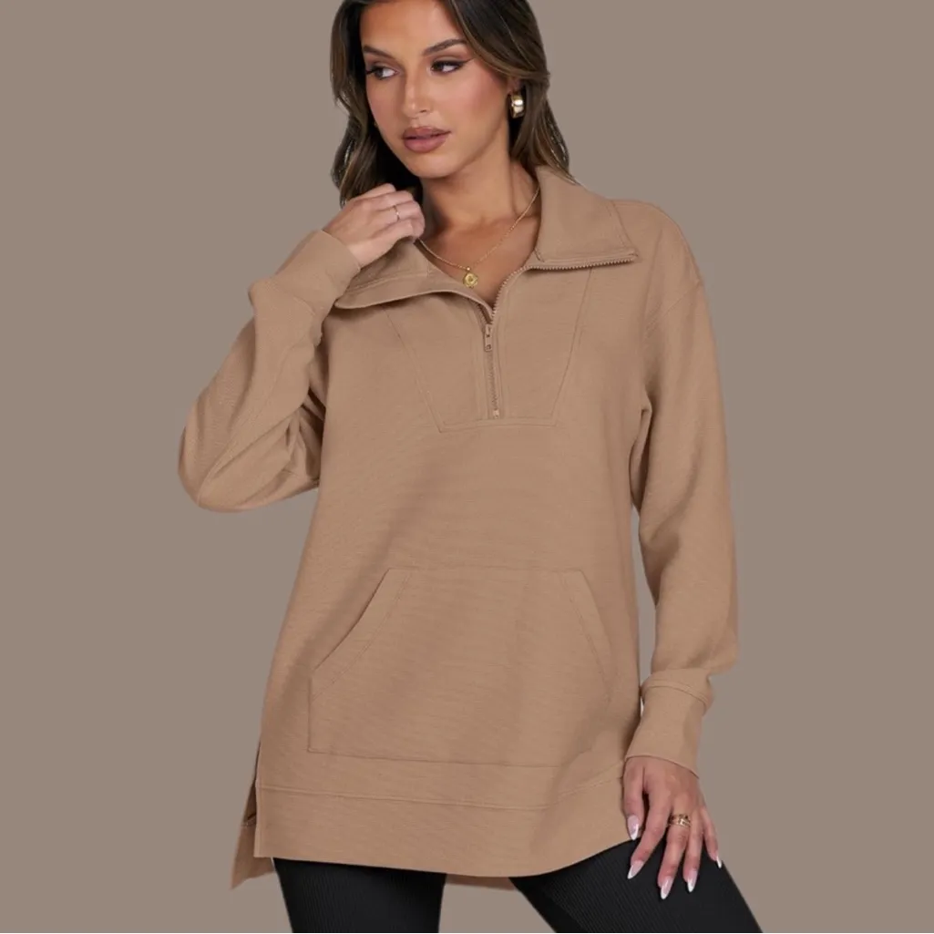 NWT ANRABESS Quarter Zip Oversized Pullover Auburn Long Sleeve Sweater – Medium Brown - Image 3