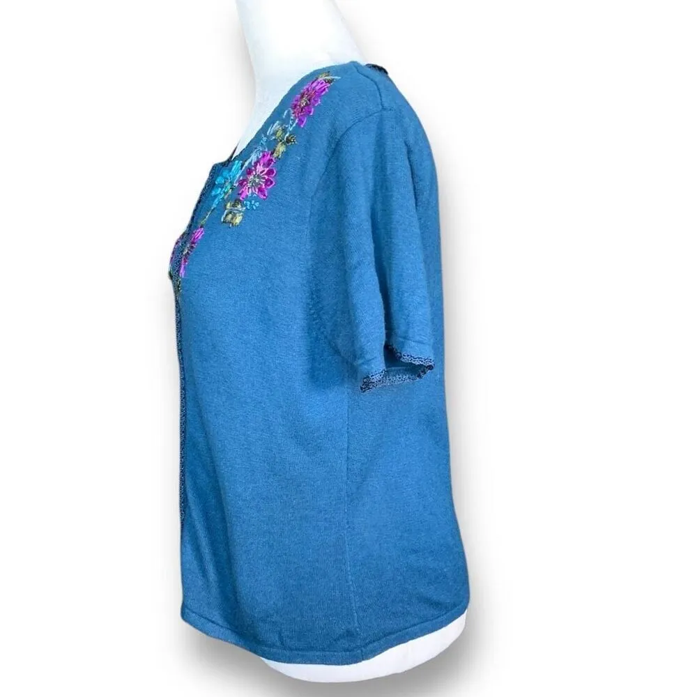 Vintage 90s Embroidered Cardigan Sweater Dark Blue Floral Short Sleeve Knit 10 - Image 7