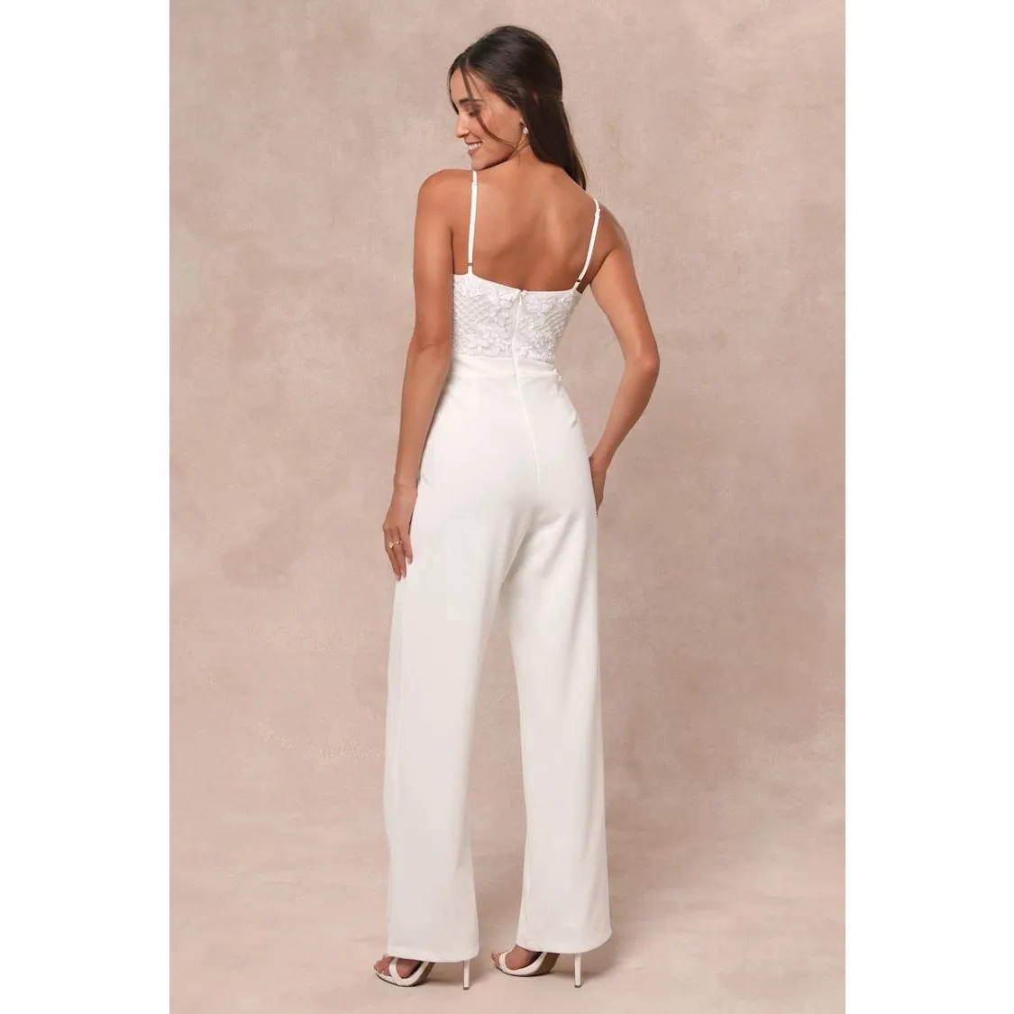 NWT Lulus Memorable Occasion White Beaded Sequin Wide-Leg Jumpsuit Glam Bling S - Image 2
