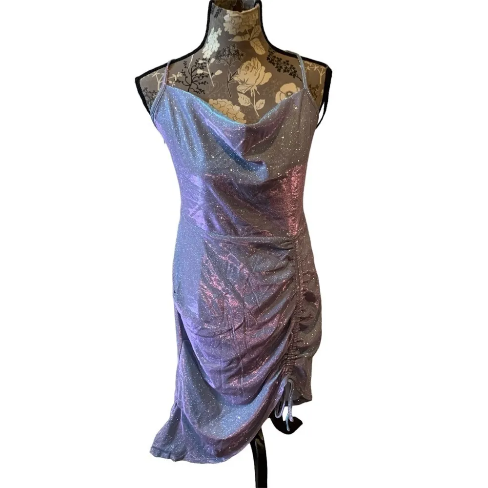 CIDER Purple Ombré Glitter Cowlneck Drawstring Mini Dress size XL Hoco Formal - Image 6