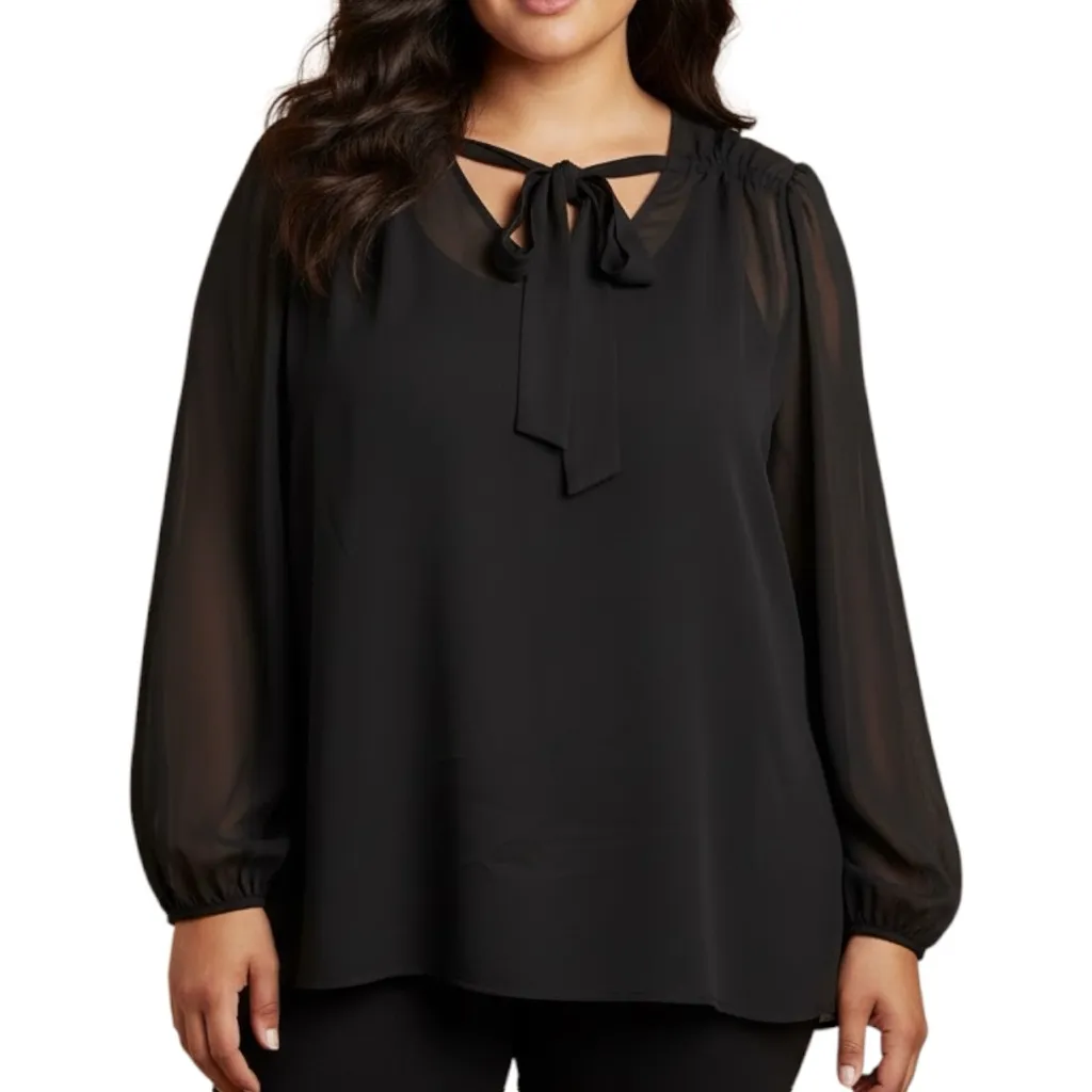 Eloqii NWT Womens Gothic Sheer Black Long Sleeve Chiffon Neck Tie Blouse Size 18 - Image 6