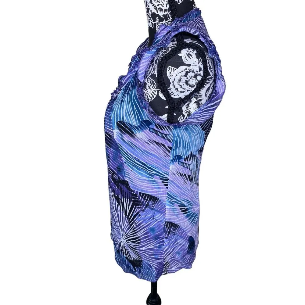 Floral Tank Top Ruffle Trim Beach Summer Vacation Coastal Coast Travel Flower Purple Size M - Image 3