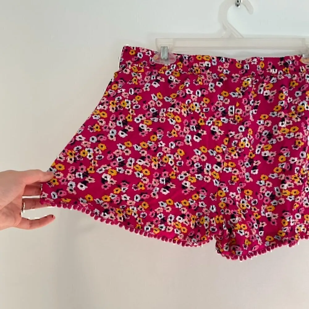 A.N.A Magenta Pink Blue Mustard Floral Pull On Drawstring Pom Pom Trim Shorts L - Image 11