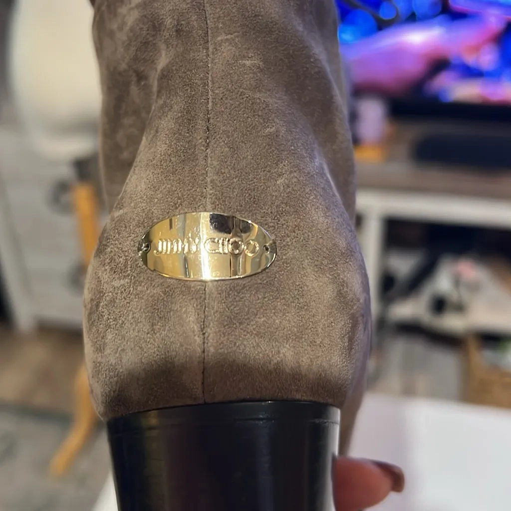 JIMMY CHOO ELBA Pom Pom Genuine Rabbit Fur Ankle Boot Mink Suede size 39.5 - Image 6