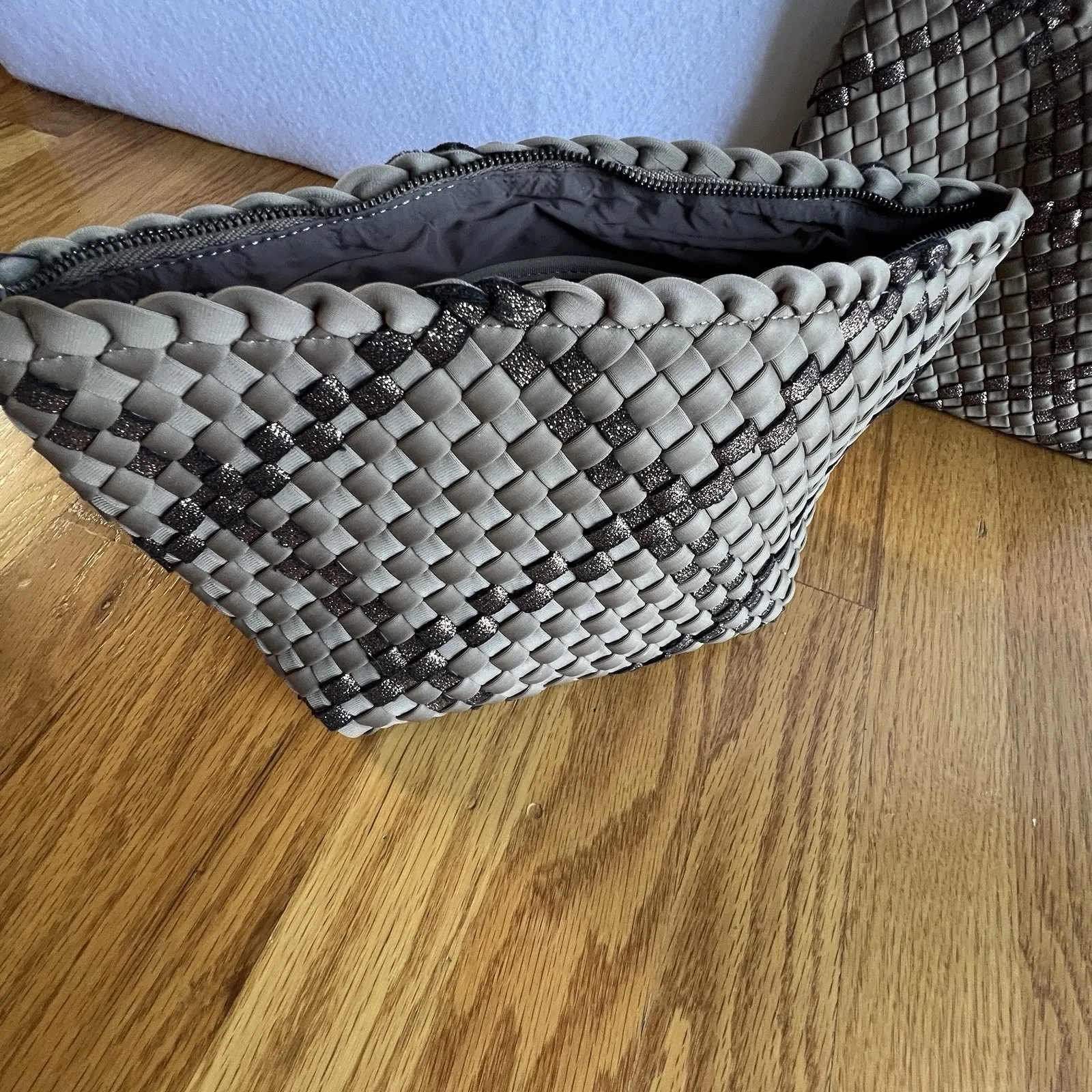 Naghedi St Barths Woven Neoprene Cosmetic Pouch Set of 2 Tan Travel Makeup Bag - Image 3