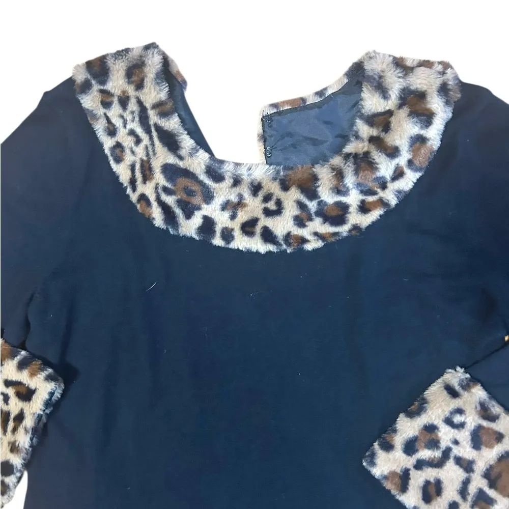 Tyler Boe Chelsey fur leopard print collar cashmere blend dress Size Large Black - Image 3