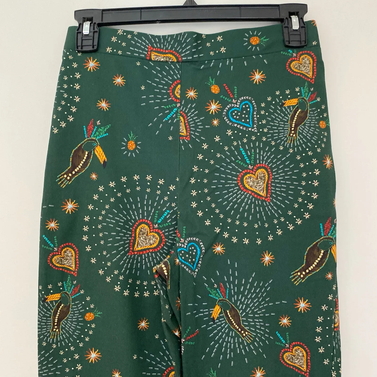 Anthropologie Farm Rio Fernanda Flared Pants Green Toucan Bird Tropical XS - Image 2