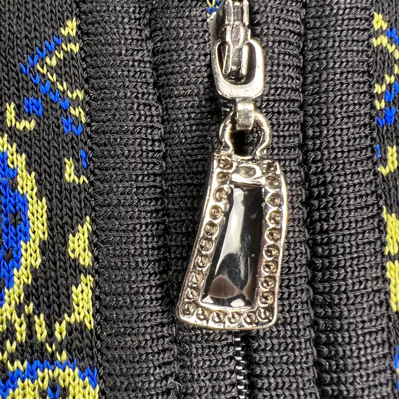 Misook Paisley Knit Zip Up Hip Length Cardigan Sweater Black Blue Yellow Size S - Image 11