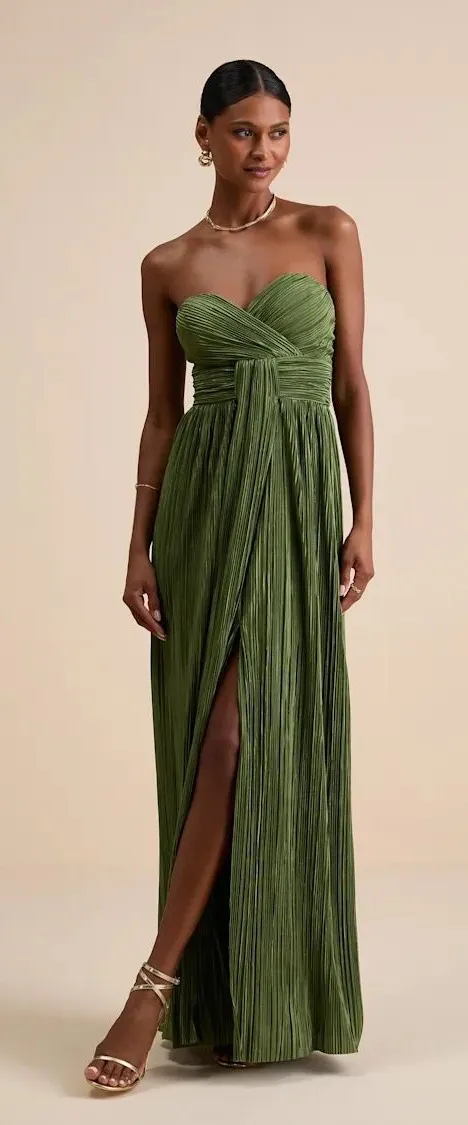 whimsical beauty emerald green satin plisse strapless maxi dress whimsical beauty emerald green satin plisse strapless dress