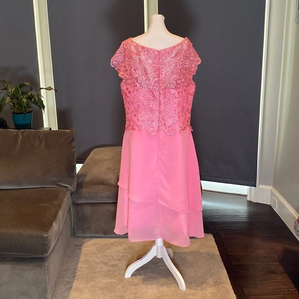 Women’s Pink Tea Length Dress Layered Chiffon Skirt Lace Bodice Size XXL NWOT - Image 4