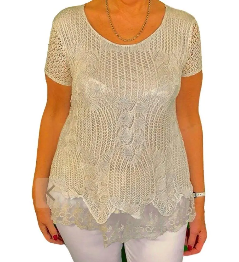 Tan Beige Nude Lace Crochet Knit Short Sleeve Top Size L NEW Tags Made in Italy - Image 2