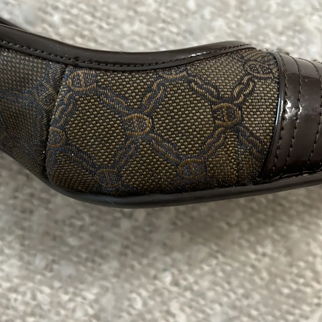 Etienne Aigner Brown Patent Leather‎ Fabric Logo Sling Back Vanessa Heels 7.5 - Image 5