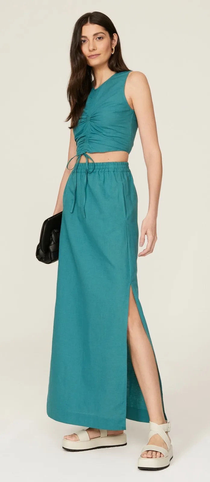 Something Navy Linen Side Slit Pull-On High Rise Teal Blue Maxi Skirt Size XL - Image 1