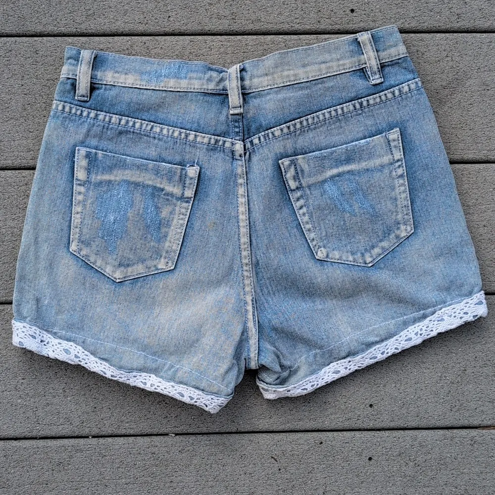 ChiQle Denim Lace Hem Distressed Jean Shorts | Lace Trim Jean Shorts Blue Size M - Image 8
